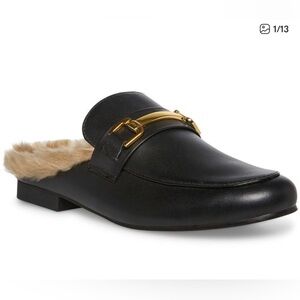 Steve Madden Black Leather Fur-Lined Mule with Gold Horsebit